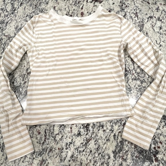 H&M Tops - H&M Women’s Long Sleeve Striped Tee Size Small White & Tan Beige